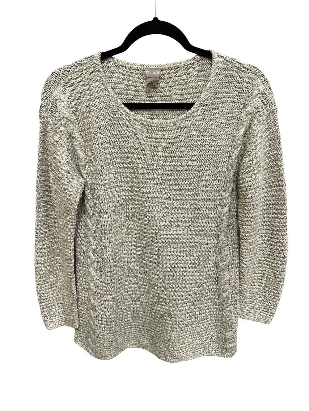 Chico’s beige gold chunky knit metallic crew neck sweater with cable knit Size S